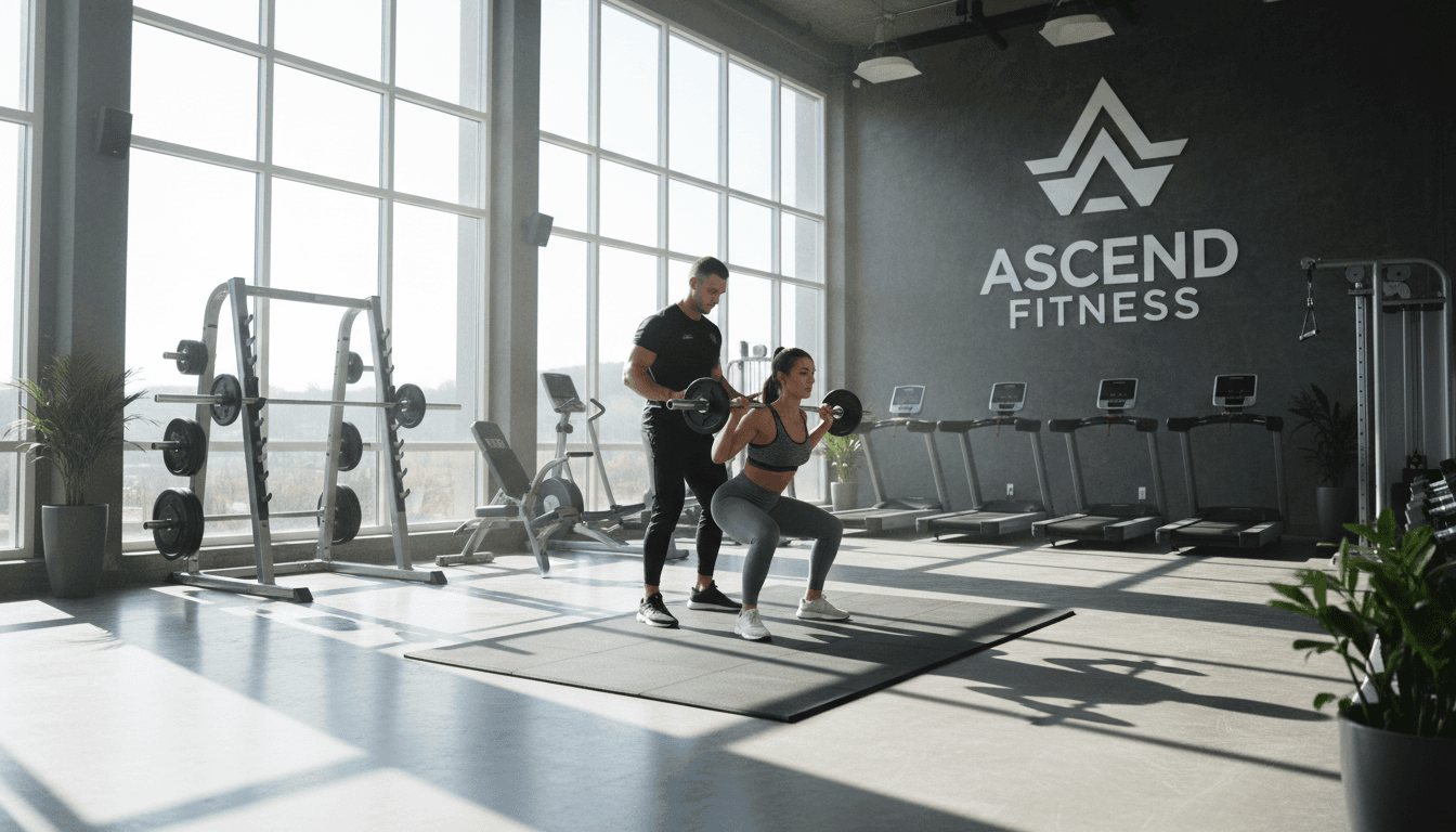 Personal trainer guiding client through a strength training exercise in a bright gym