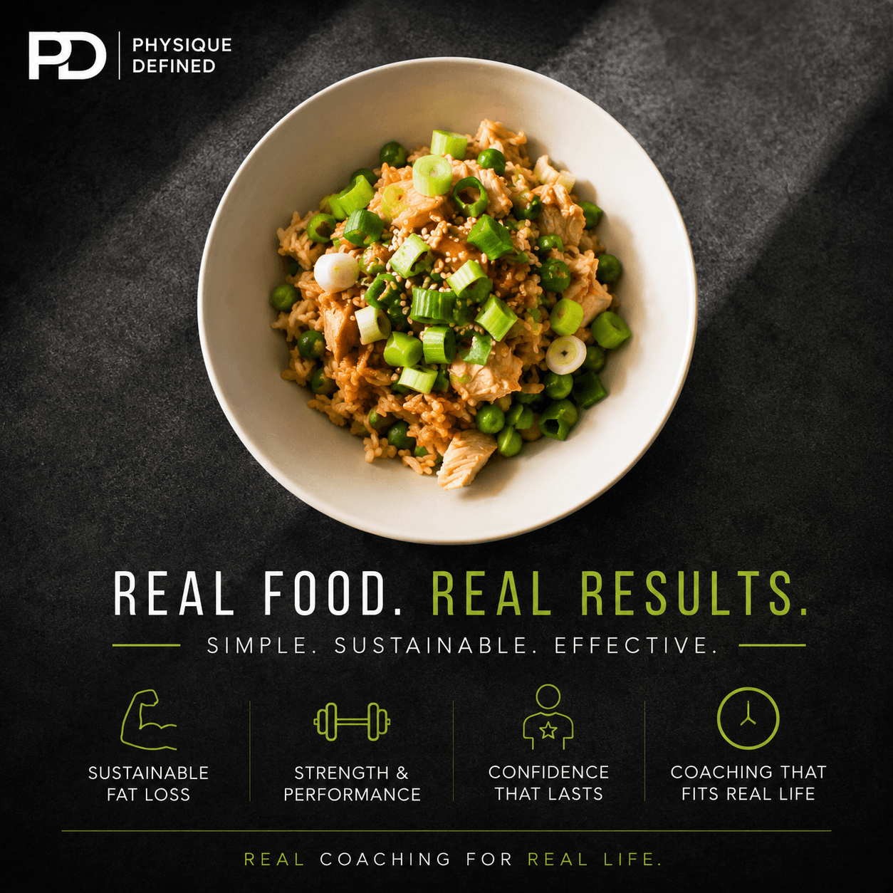 Chicken fried rice bowl with green onions and peas, promoting real food for real results.