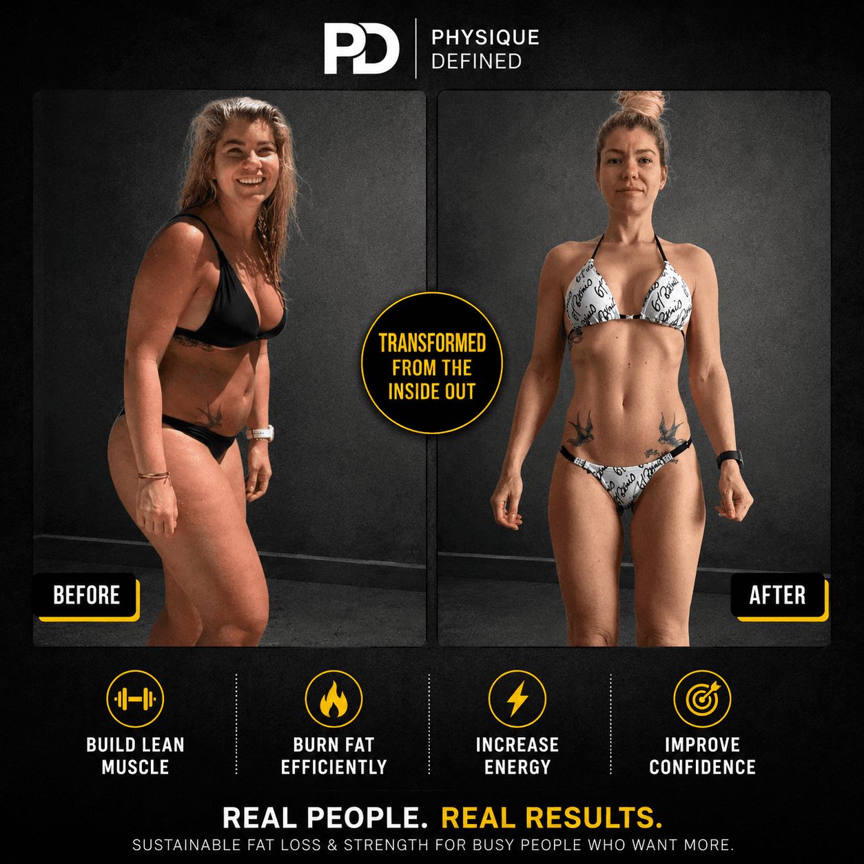 Side-by-side before and after photos showing a woman's significant weight loss and muscle definition.