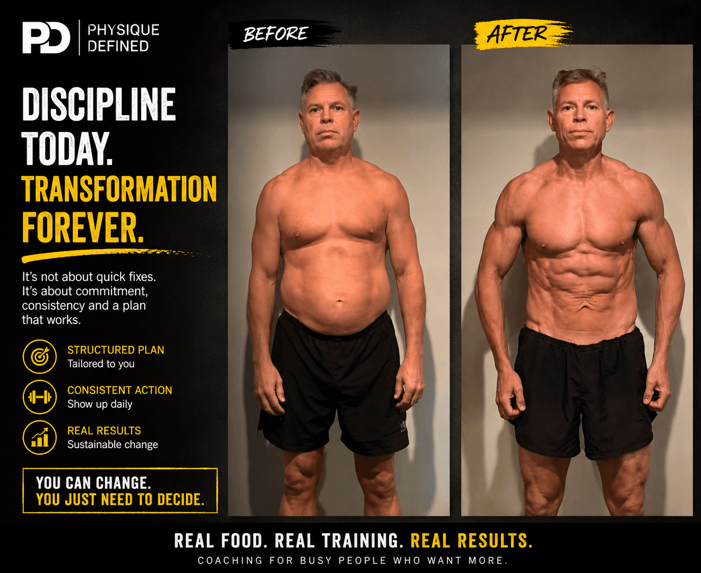 Before and after photos showing a man's fitness transformation from soft physique to muscular definition.