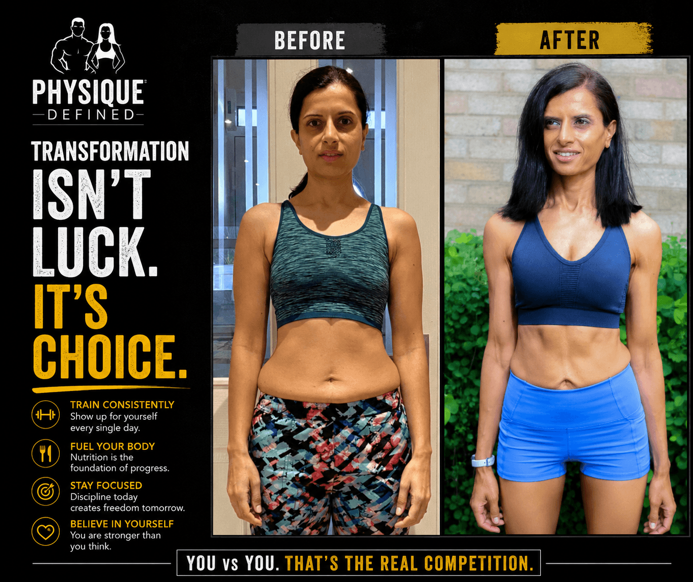 Side-by-side before and after photos showing a woman's fitness transformation and increased muscle definition.
