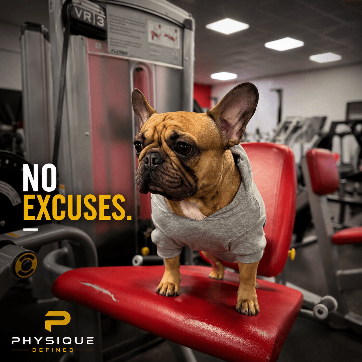 French Bulldog wearing a grey hoodie on a gym machine with 'NO EXCUSES' text.