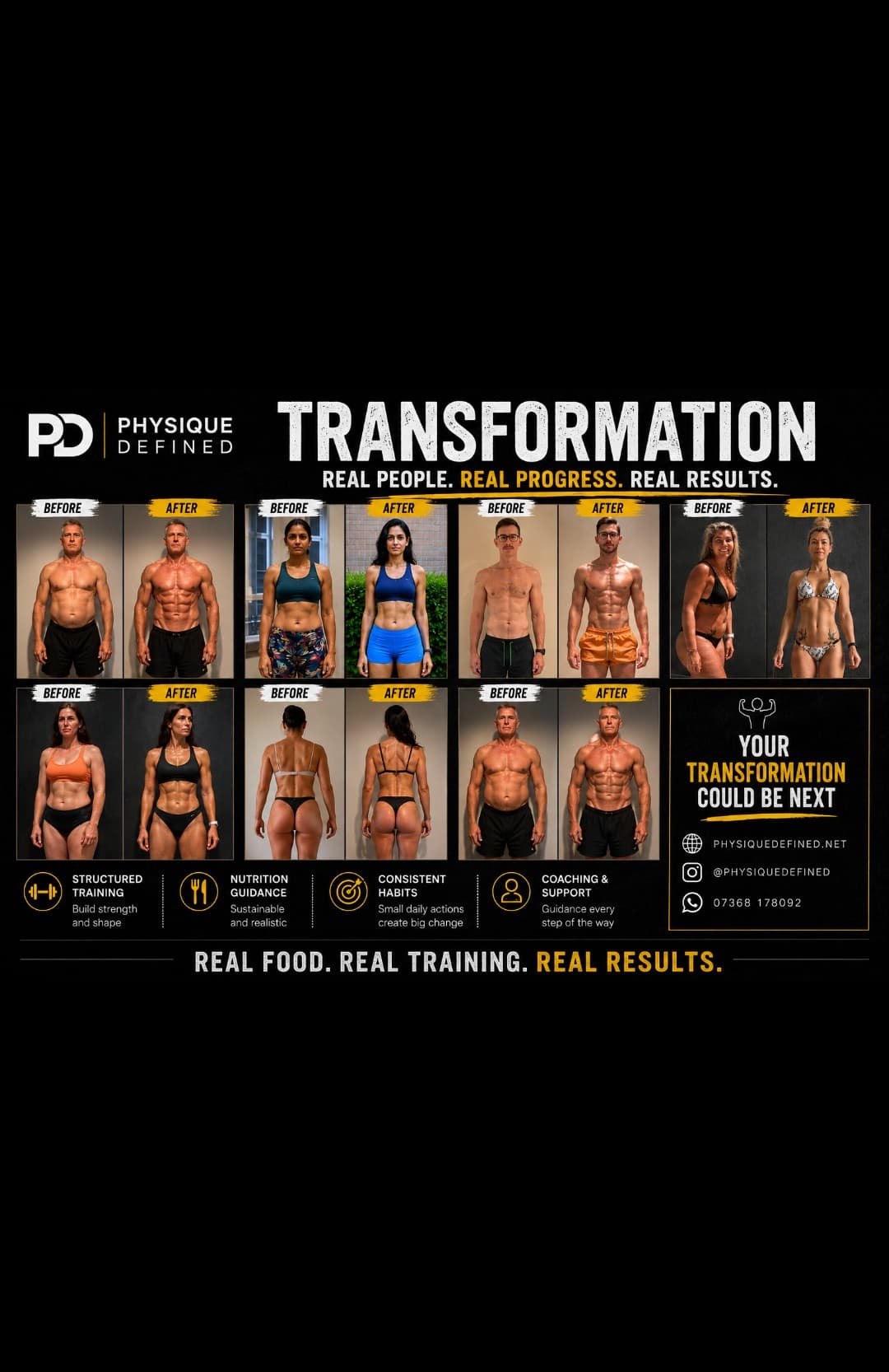 Collage of before and after photos showcasing dramatic body transformations of men and women.